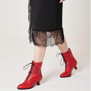 Women's Victorian Ankle Boots - Mid Calf, Round Toe, Red Boots w/Lace Up Detail